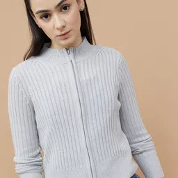 Ginger by Lifestyle Women Self Design Mock Collar Acrylic Front-Open Sweatshirt-1