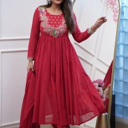 KALINI Floral Embroidered Empire Thread Work Kurta With Trousers & Dupatta-image-35