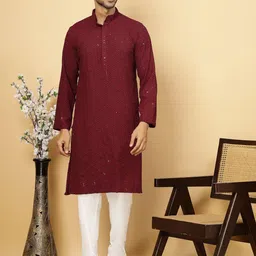 FABINALIV Men Geometric Thread Work Kurta-image-18