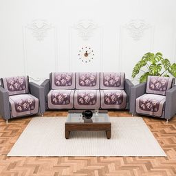 Kuber Industries Purple 10 Pieces 5 Seater Floral Printed Cotton Sofa Covers-35