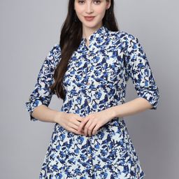 BAESD Floral Print Mandarin Collar Roll-Up Sleeves Ethnic Cotton Top-image-60