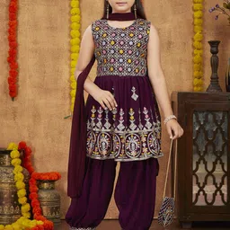 Sangria Girls Sequin Embroidered Kurti Jacket & Patiala With Dupatta-image-46
