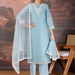 House of Pataudi Sequined Embroidered Round Neck Straight Kurta & Trousers With Dupatta-image-35