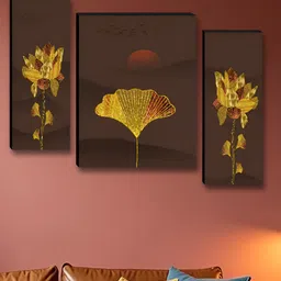 SAF Maroon & Gold-Toned 3 Pieces Floral and Botanical Printed Wooden Wall Art-33