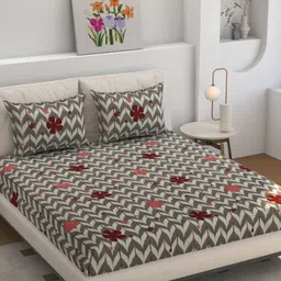 Florida Olive Green & White Floral 160 TC Bedsheet Set 275 cm X 228 cm-25