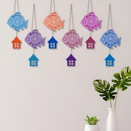 ArtVibes Set Of 6 Purple & Blue Printed Wooden Wall Hangings-1