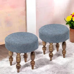 Ikiriya Set of 2 Wood Round Stools in Blue Jacquard Work Fabric Upholstery-33