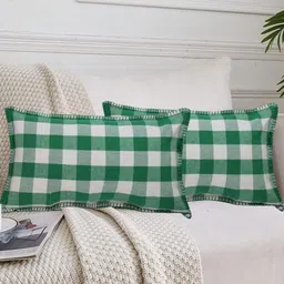 Lushomes Green & White Set of 2 Checked Rectangle Cushion Covers-3