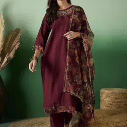 SheWill Floral Embroidered Round Neck Sequinned Straight Kurta With Trouser & Dupatta-image-19