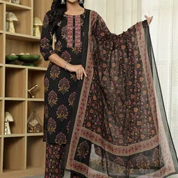 Yufta Women Ethnic Motifs Embroidered Regular Kantha Work Pure Cotton Kurta with Trousers & With Dupatta-image-75