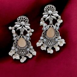 TISHUL JEWELS Silver-Plated Artificial Stones Studded & Beaded Oxidised Drop Earrings-55