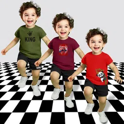 MITANSH Kids Pack Of 3 Graphic Printed Round Neck T-shirt With Shorts-image-68