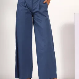 MABISH by Sonal Jain Women Denim Blue Flare Pleated Stretchable Cotton Lycra Trouser-image-81