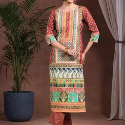 Libas Ethnic Motifs Printed Notched Neck Straight Kurta With Palazzos-image-76