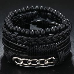 MEENAZ Men Pack Of 4 Leather Tribal Silver-Plated Multistrand Bracelets-image-94