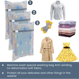 Kuber Industries White & Blue 6 Pieces Drop Printed Reusable Laundry Bags With Zipper image 5