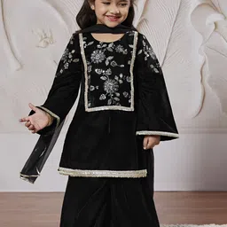 VASTRAMAY Girls Floral Embroidered Sequinned Velvet Straight Kurta with Palazzos & Dupatta-picture-18