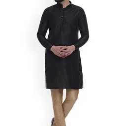 VEERA PARIDHAAN Floral Embroidered Mandarin Collar Thread Work Jacquard Straight Kurta-image-17