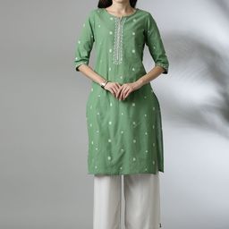 Anouk Geometric Printed Notch Neck Thread Work Pure Cotton Straight Kurta-11