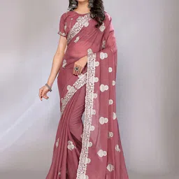 FABMORA Ethnic Motifs Embroidered Pure Georgette Saree With Blouse Piece-picture-9