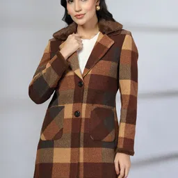 Thirty Threads Checked Notched Lapel Collar Single-Breasted Woollen Long Overcoat-picture-2