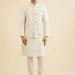 Manyavar Mandarin Collar Art Silk Straight Kurta And Pyjamas With Jacket-image-20