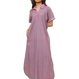 YELLOW BLOOM Women Printed Shirt Collar Pure Cotton Maxi Nightdress-image-36