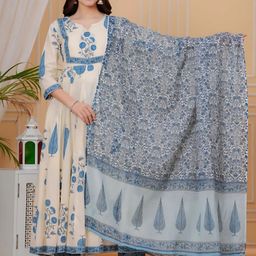 KALINI Floral Printed Panelled Anarkali Pure Cotton Kurta With Trousers & Dupatta-image-67