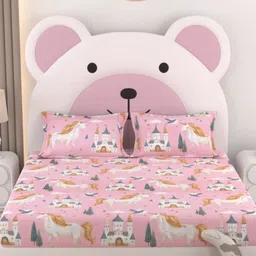 Pure Decor Pink & White Cartoon Characters 330 TC Queen Bedsheet with 2 Pillow Covers-42