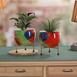 Homspurts 2-Pcs Blue & Green Printed Metal Planters With Stands-13