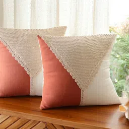 Peepul Tree SS-2025 Rust 2 Pieces Colourblocked Crochet Square Cotton Cushion Covers-picture-19