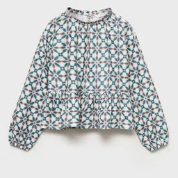 Mango Kids Girls Geometric Print Puff Sleeve Bohemian Cinched Waist Top-image-14