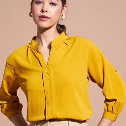 DressBerry Mandarin Collar Crepe Shirt Style Top-image-94