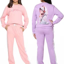 TotzTouch Girls Pack Of 2 Pink & Purple Printed Hooded Sweatshirt and Joggers Clothing Set-picture-2