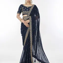 Ethnielle Ethnic Motifs Embroidered Poly Georgette Saree-picture-30