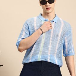 Mast & Harbour Striped Open Knit Semi Sheer Polo Collar T-shirt-image-35