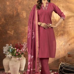 Peach Petals Women Embroidered Regular Kurta with Trousers & With Dupatta-image-94