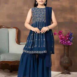 Sangria Girls Ethnic Motifs Printed Georgette A-Line Kurta & Sharara with Dupatta-image-14