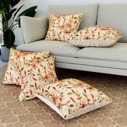 Aura Cream-Coloured & Red Set of 5 Floral Square Cushion Covers-image-19