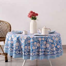 HANDICRAFT PALACE Blue & White Printed Cotton Round 4-Seater Table Cover With Napkin Set-picture-1