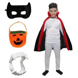 Kaku Fancy dresses Kids Halloween Dracula Robe With Teeth Eyepatch, Pumkin & Candy Basket-17