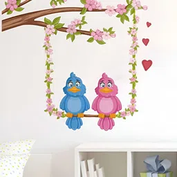 Aura Blue & Pink Love Birds On Floral Swing Printed Self Adhesive Wall Sticker-24