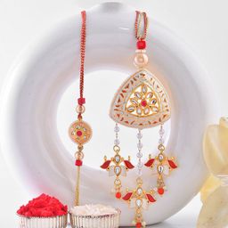 Aapno Rajasthan Artificial Stones Studded & Beaded Floral Bhaiya Bhabhi Rakhis-image-5