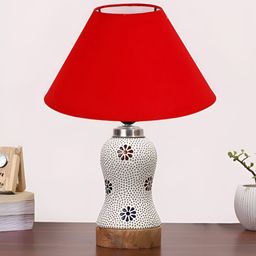 Devansh Red Printed Wooden Frustum Shaped Table Lamp With Mosaic Glass Base image 5