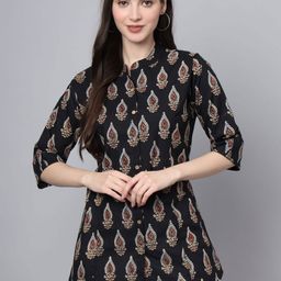 BAESD Floral Print Mandarin Collar Roll-Up Sleeves Ethnic Cotton Top-image-57