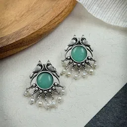 NAMAN ARTS Silver-Plated Stones Studded & Beaded Animal Shaped Oxidised Drop Earrings-image-63