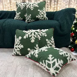 LUSHLYF Evergreen Green & White 5 Pieces Snowflake Embroidered Square Cushion Covers-54