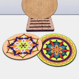 Mini Leaves Kids Wooden Tea Coaster Mandala Art Kit With Paint Brush & Mixing Palette-94