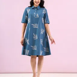 MISRI Women Floral Printed Shirt Collar A-Line Knee Dress-picture-4
