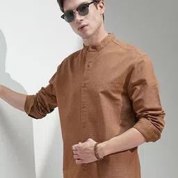 HIGHLANDER Men Comfort Relaxed Fit Textured Mandarin Collar Cotton Casual Shirt-image-23